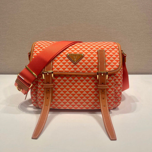 MESSENGER BAG 25 IN ORANGE MIX CREAM TRIANGLE PATTERN EMBROIDERED FABRIC