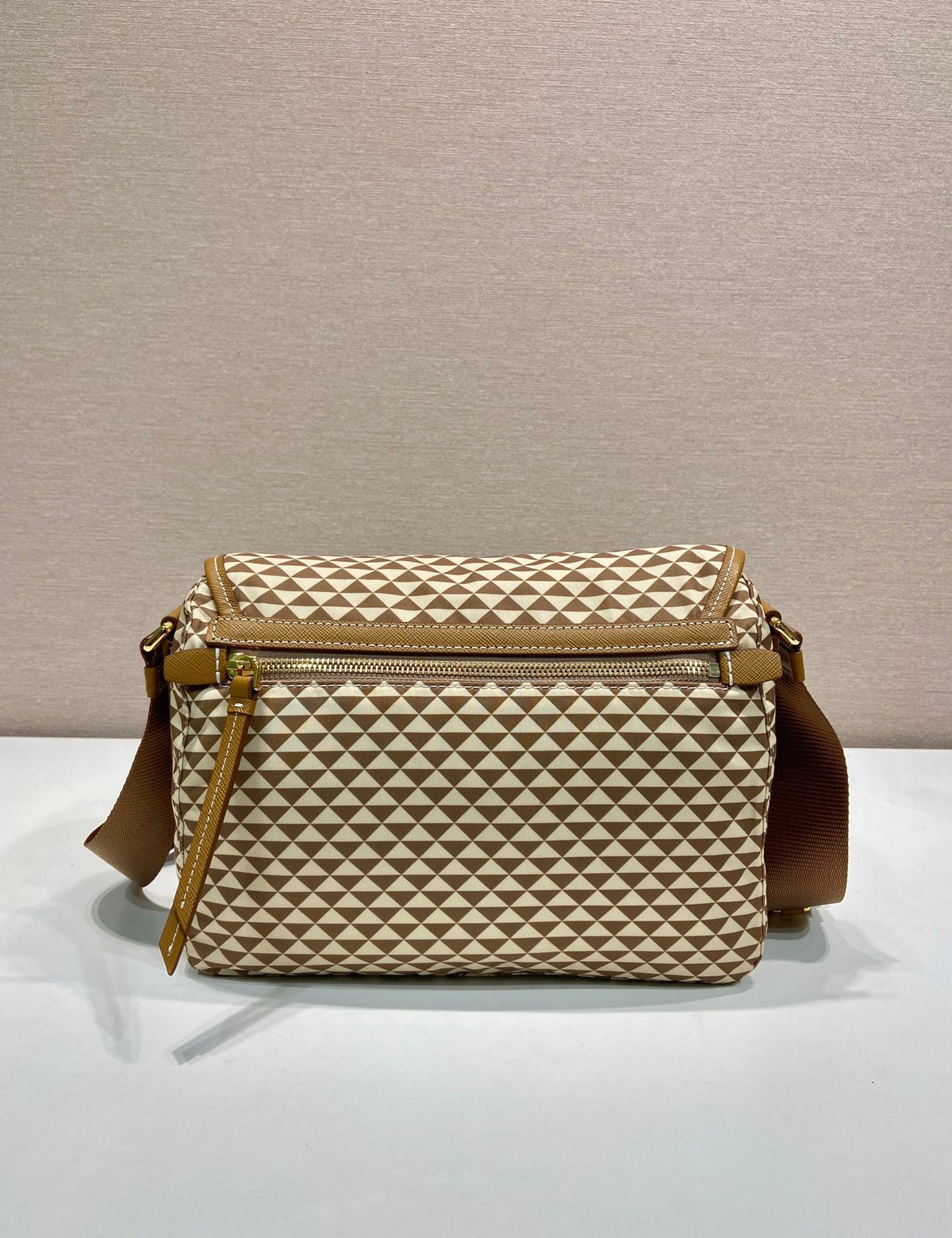 MESSENGER BAG 25 IN BROWN MIX CREAM TRIANGLE PATTERN EMBROIDERED FABRIC
