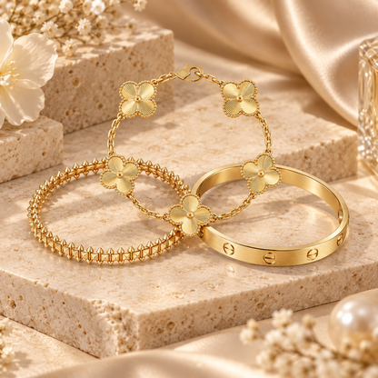 [GALE] CLASH & Clover Laser 5-Motif & LOVE Brushed Bracelet Stack Set