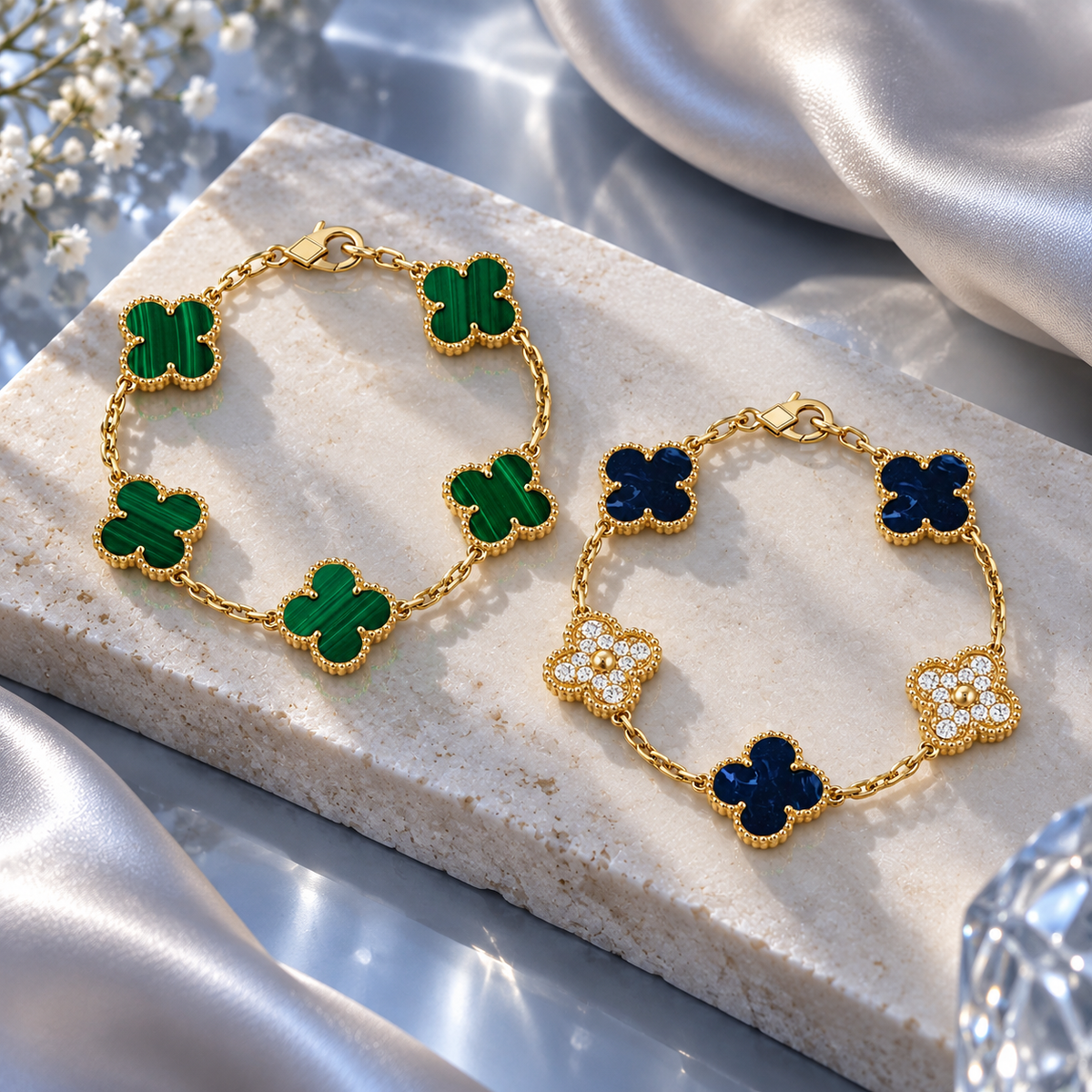 [GALE]Clover 5-Motif Malachite & Pietersite Bracelet Stack Set