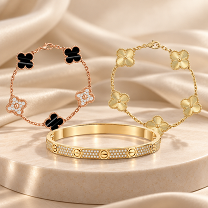 [GALE]Clover Laser  Pulsar Stone 5-Motif & LOVE Diamond-Paved Bracelet Stack Set