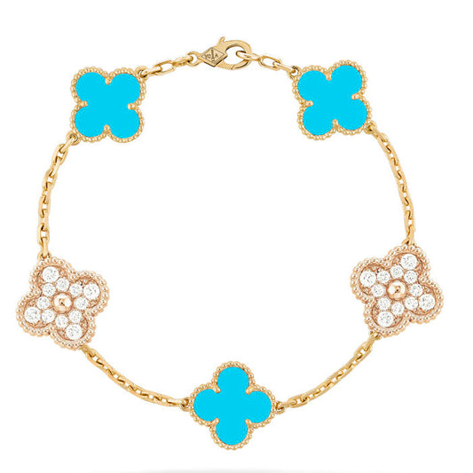 [GALE]CLOVER 5 MOTIF TURQUOISE DIAMOND GOLD BRACELET