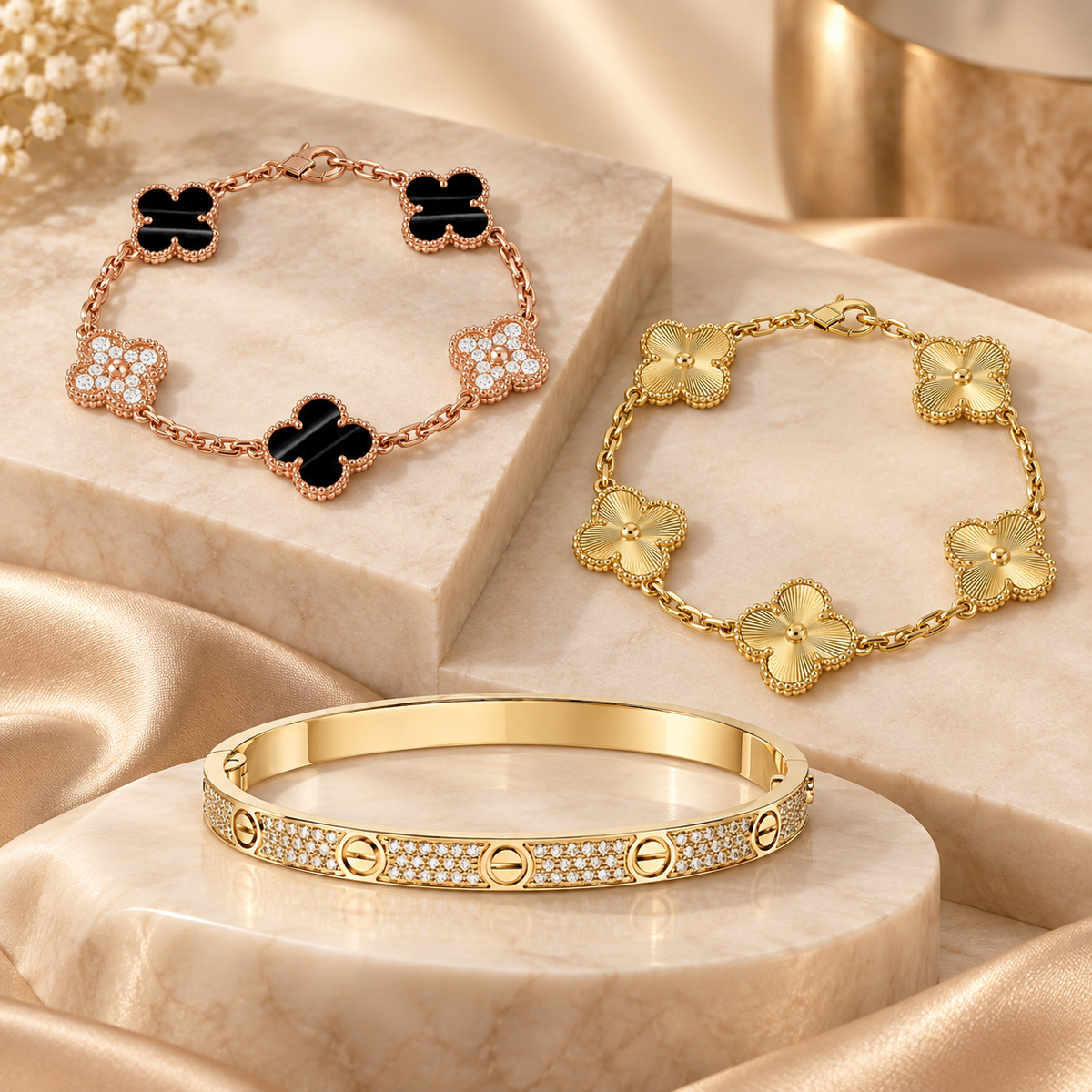 [GALE]Clover Laser  Pulsar Stone 5-Motif & LOVE Diamond-Paved Bracelet Stack Set