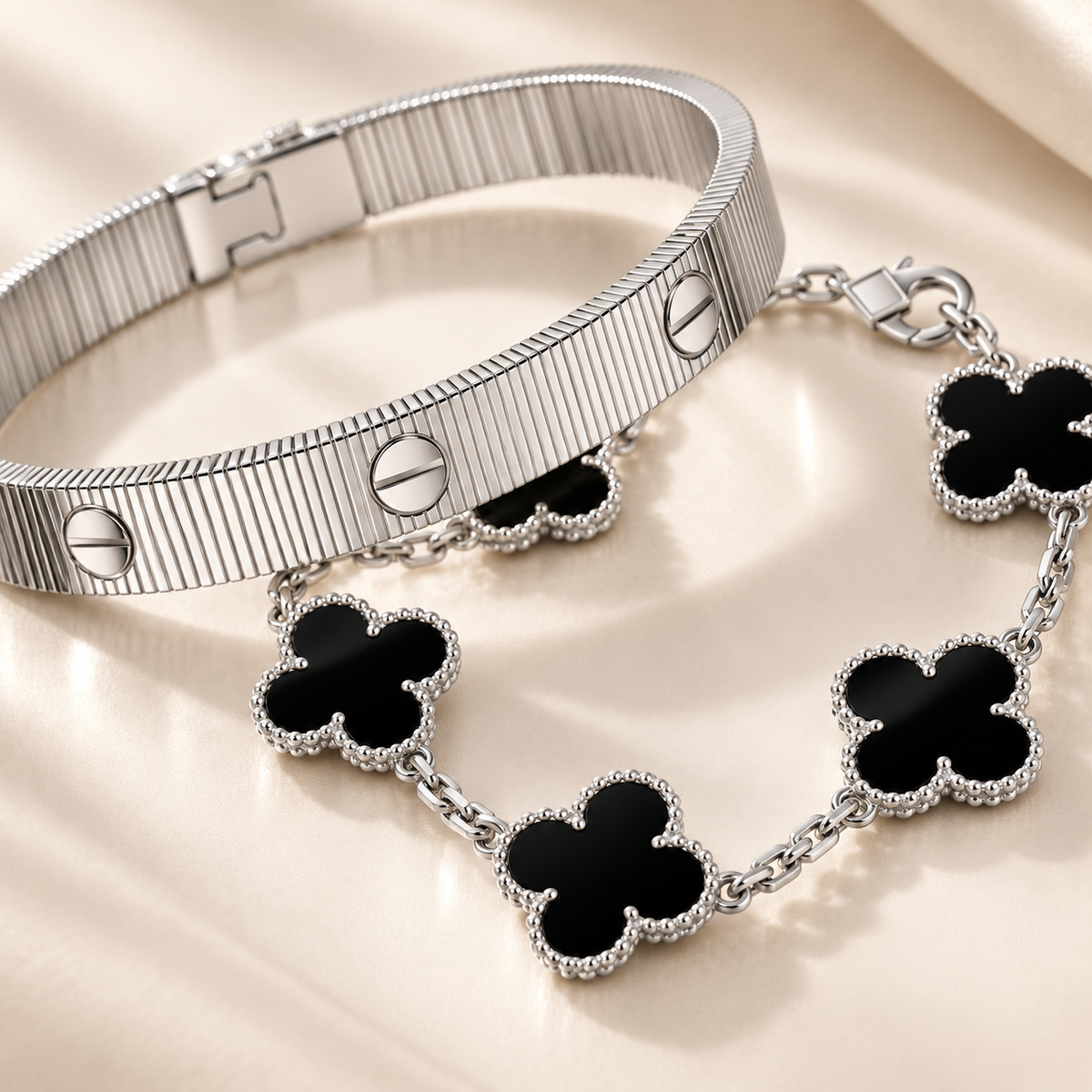 [GALE]Clover & Love Sliver 2-Piece Bracelet Stack Set