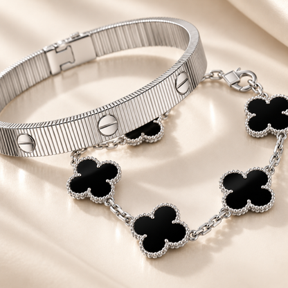 [GALE]Clover & Love Sliver 2-Piece Bracelet Stack Set