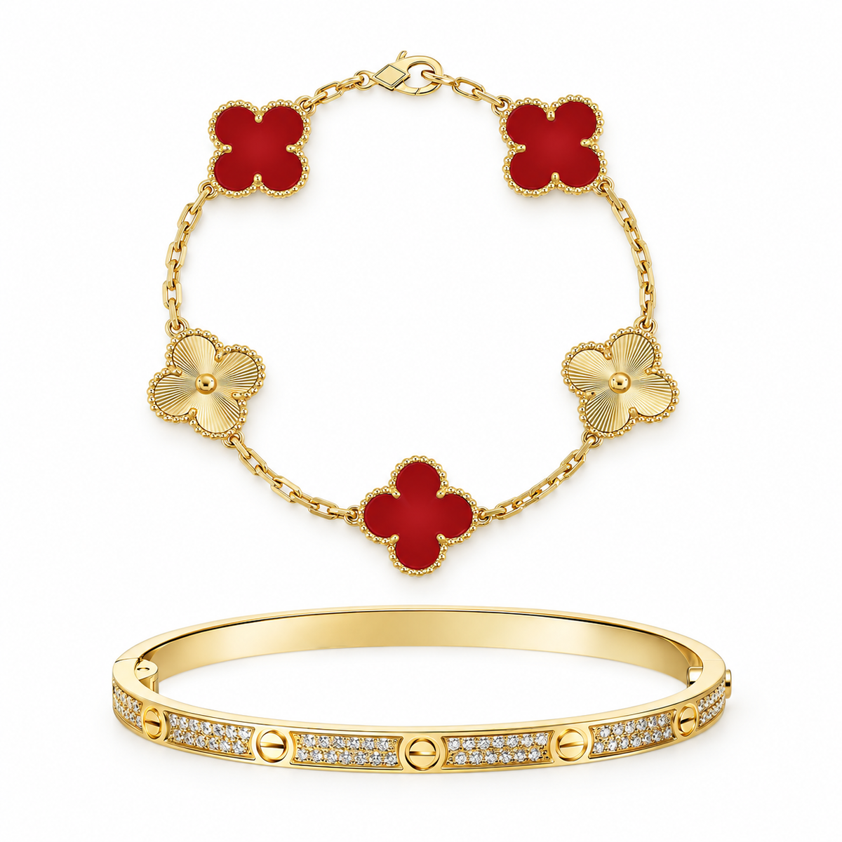 [GALE]Clover & Love Diamond-Paved Radiant Line 2-Piece Bracelet Stack Set