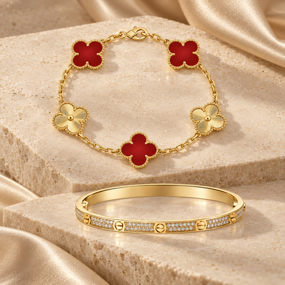 [GALE]Clover & Love Diamond-Paved Radiant Line 2-Piece Bracelet Stack Set