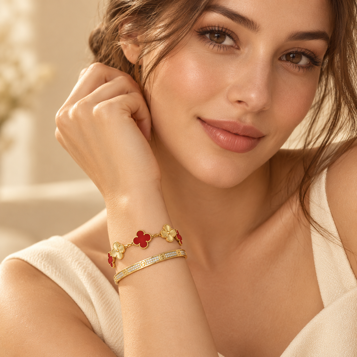 [GALE]Clover & Love Diamond-Paved Radiant Line 2-Piece Bracelet Stack Set