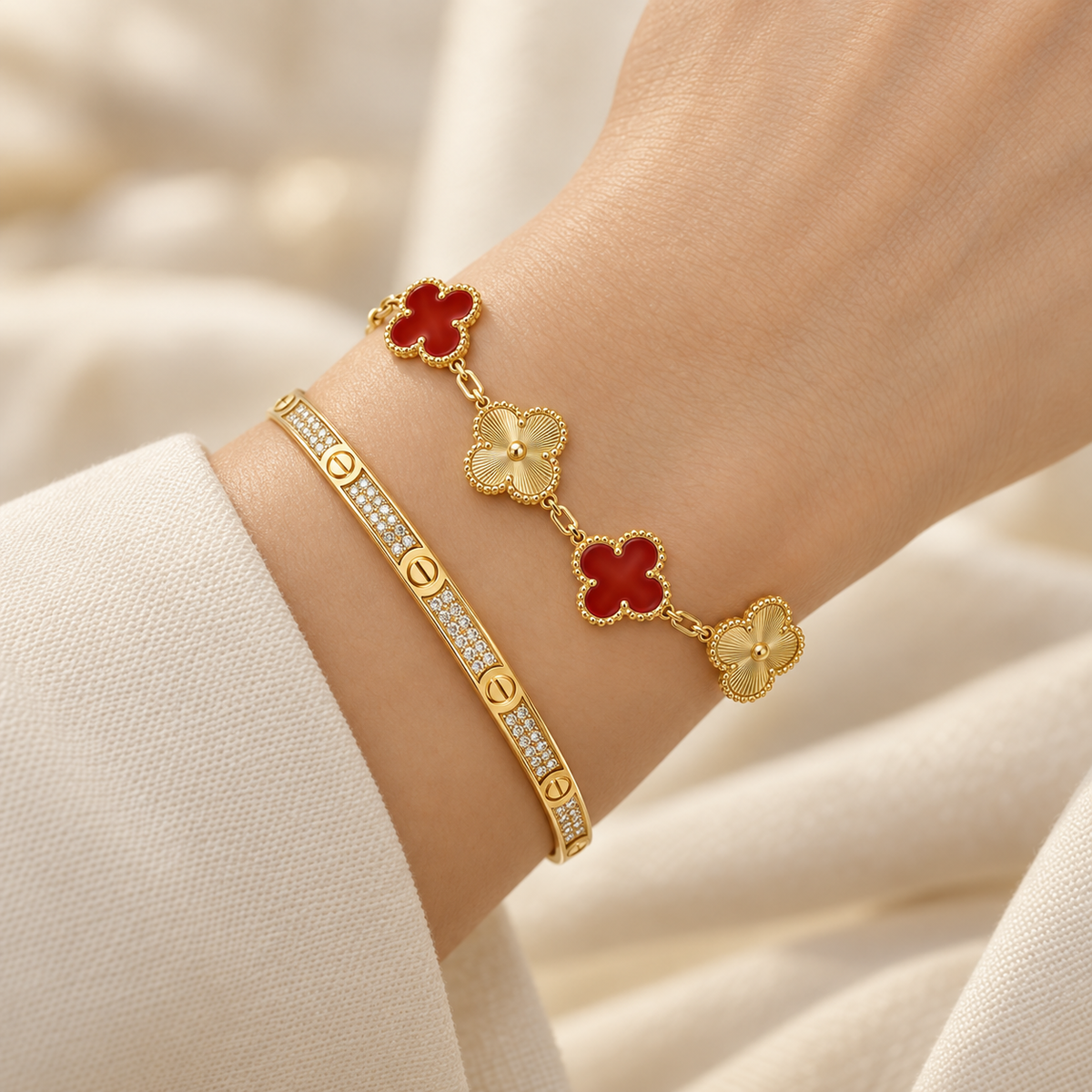 [GALE]Clover & Love Diamond-Paved Radiant Line 2-Piece Bracelet Stack Set