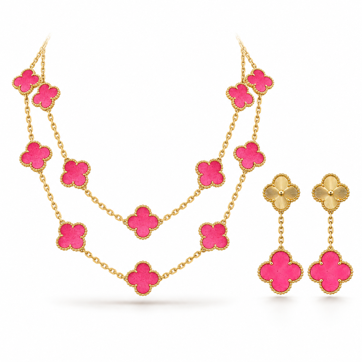 [GALE]Clover Pink Enamel Necklace & Earring Jewelry Set