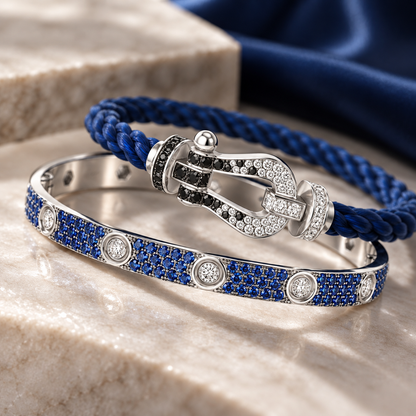 [GALE]Pave Gemstone Love &Force Large Horseshoe Diamond Duo Bracelet Stack Set