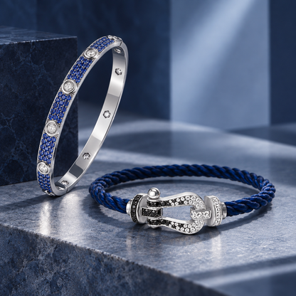 [GALE]Pave Gemstone Love &Force Large Horseshoe Diamond Duo Bracelet Stack Set