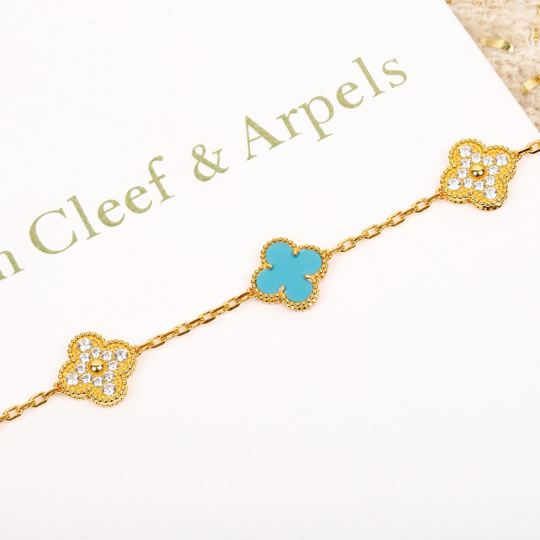 [GALE]CLOVER 5 MOTIF TURQUOISE DIAMOND GOLD BRACELET