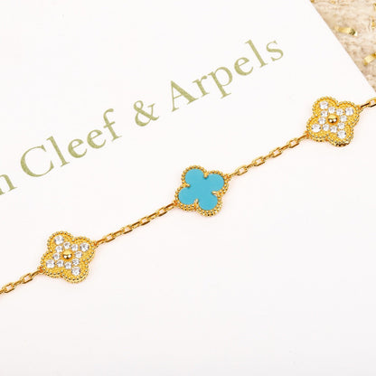 [GALE]CLOVER 5 MOTIF TURQUOISE DIAMOND GOLD BRACELET
