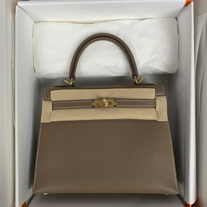 HM KELLY 28CM ETOUPE EPSOM GOLD HARDWARE