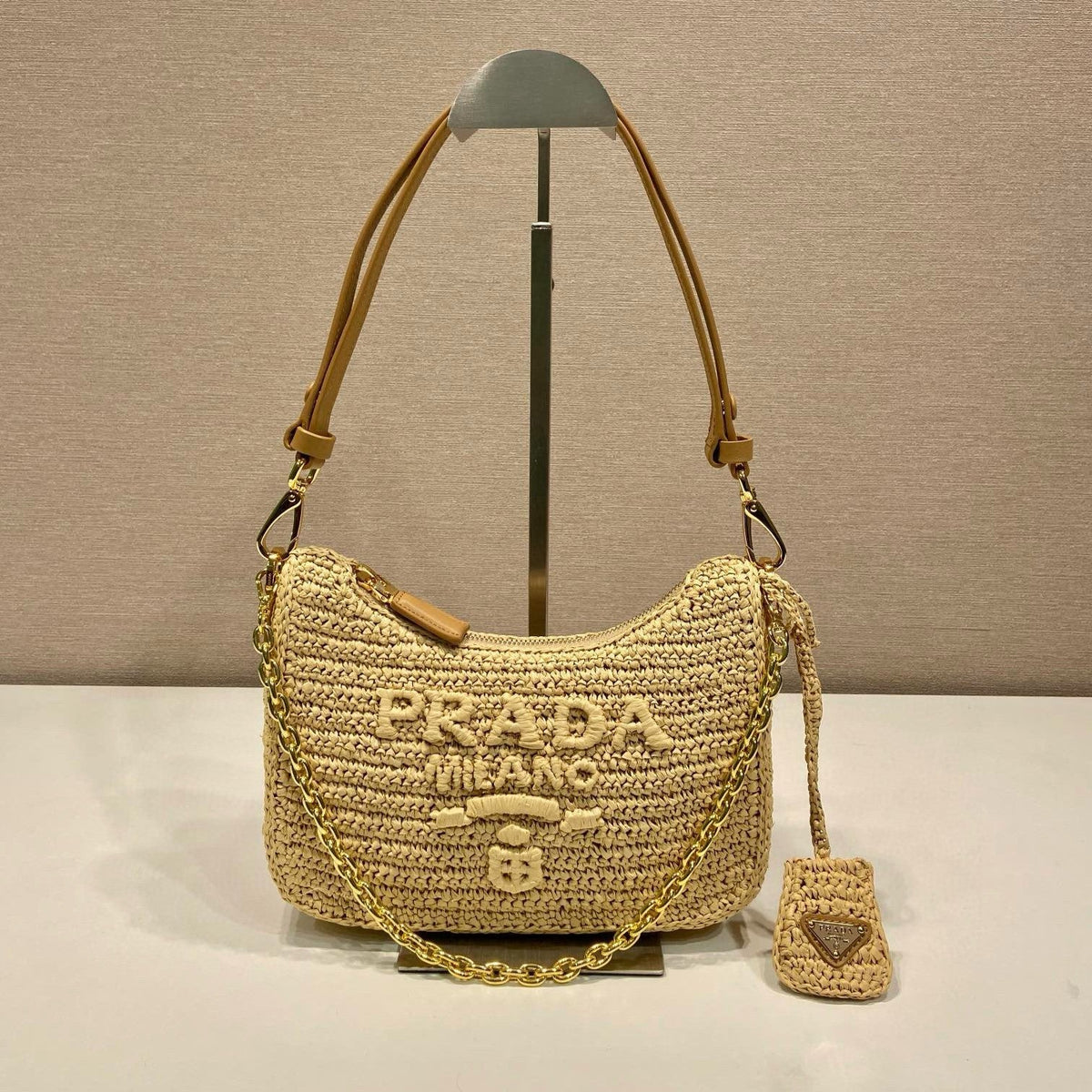 Pra Re-edition crochet mini-bag 22cm beige leather best version