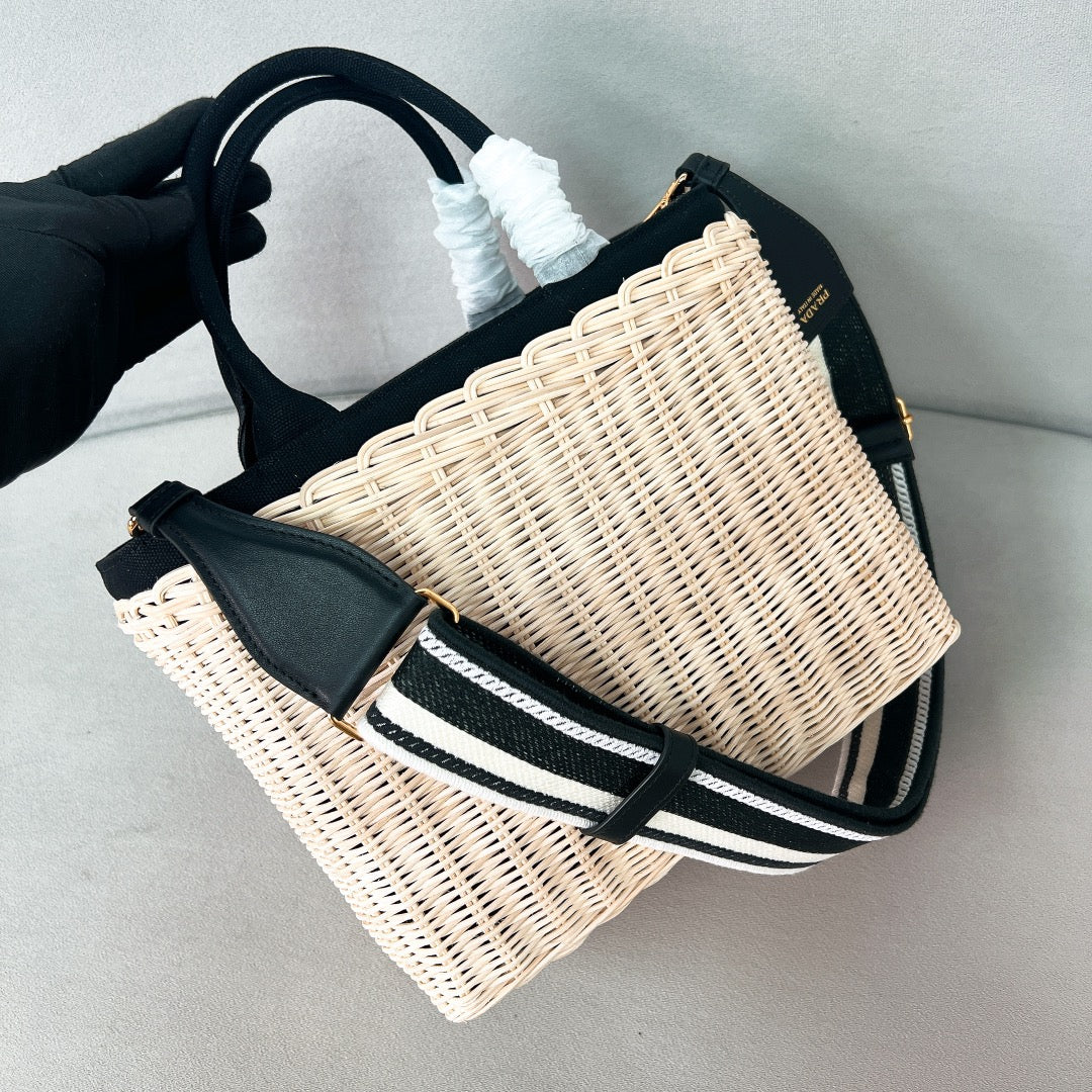 pra medium 26cm black wicker and linen blend tote bag