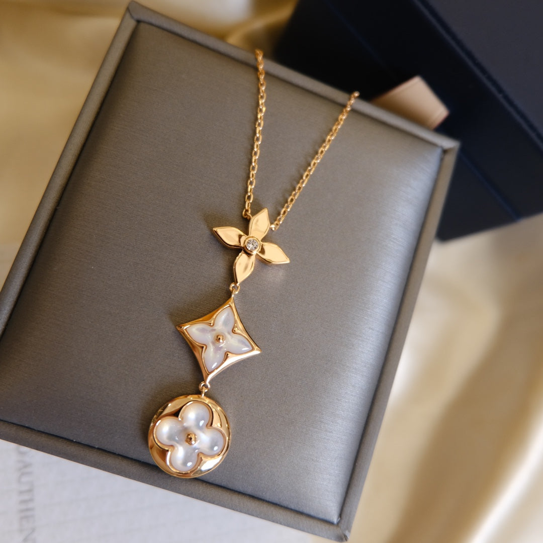 [GALE]COLOR BLOSSOM LARIAT NECKLACE PINK GOLD WHITE MOTHER PEARL AND DIAMOND