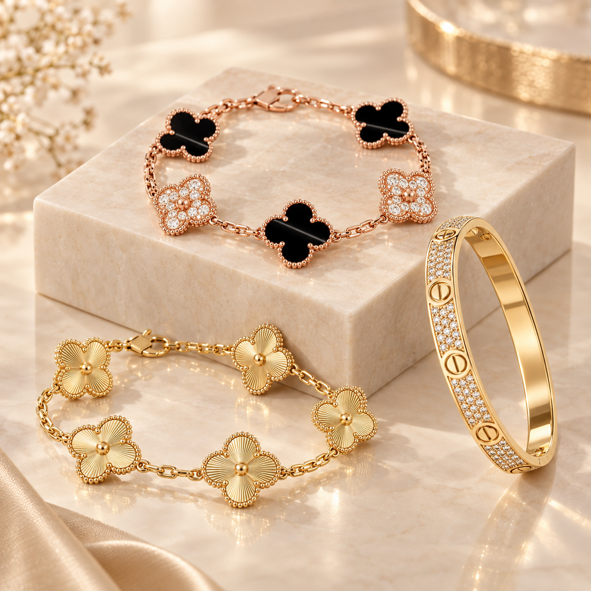 [GALE]Clover Laser  Pulsar Stone 5-Motif & LOVE Diamond-Paved Bracelet Stack Set