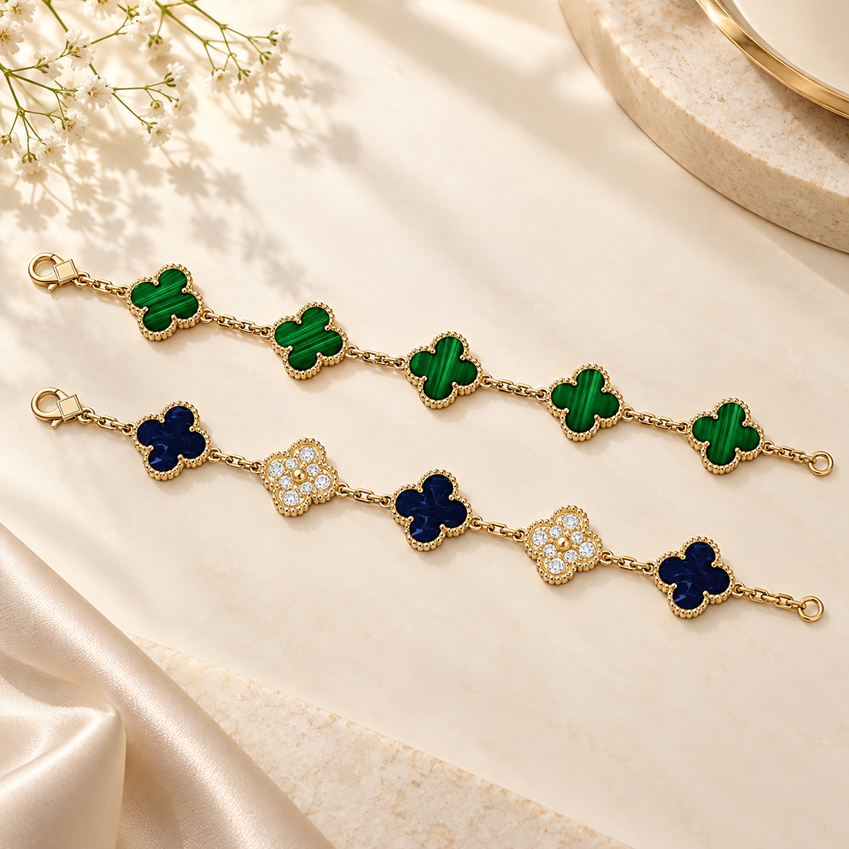 [GALE]Clover 5-Motif Malachite & Pietersite Bracelet Stack Set