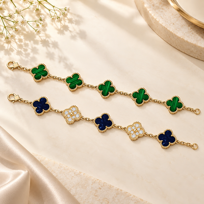 [GALE]Clover 5-Motif Malachite & Pietersite Bracelet Stack Set