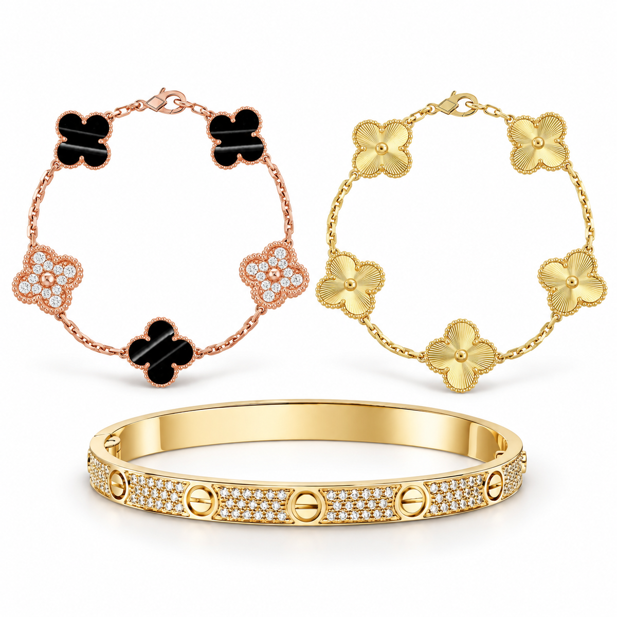 [GALE]Clover Laser  Pulsar Stone 5-Motif & LOVE Diamond-Paved Bracelet Stack Set