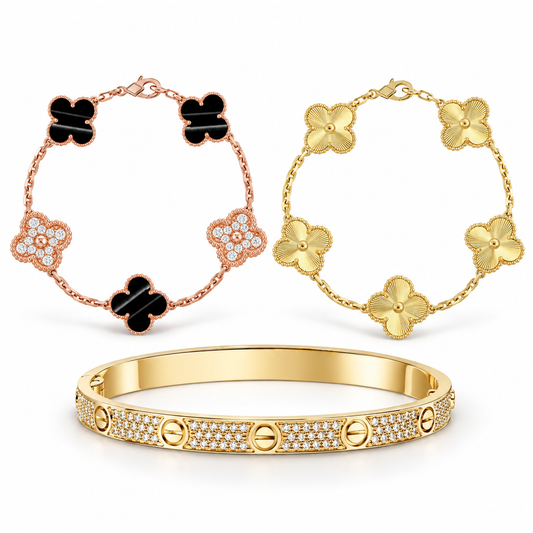 [GALE]Clover Laser  Pulsar Stone 5-Motif & LOVE Diamond-Paved Bracelet Stack Set