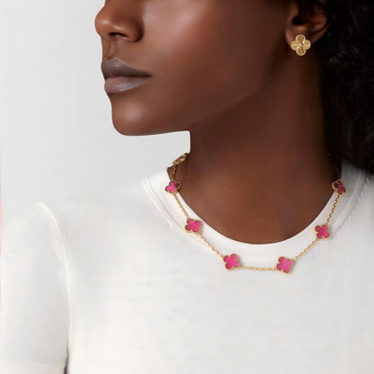 [GALE]NEW CLOVER 10 MOTIFS PINK ENAMEL NECKLACE