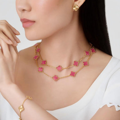 [GALE]Clover Pink Enamel Necklace & Earring Jewelry Set