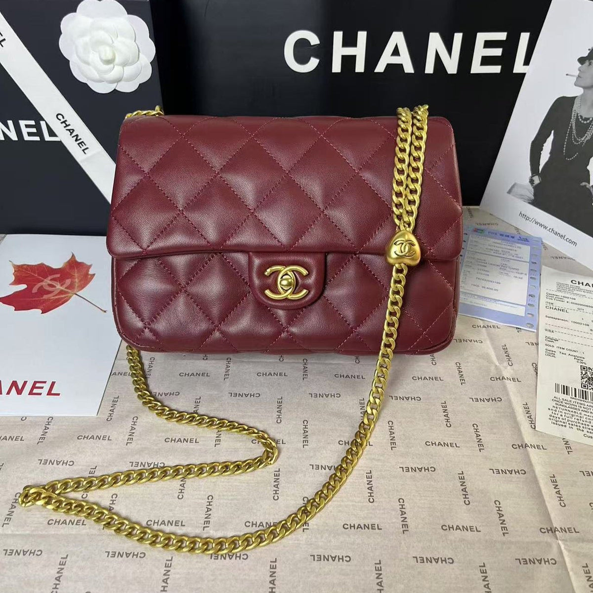 25C Mini Flap 24cm Burgundy Lambskin Gold Heart Hardware