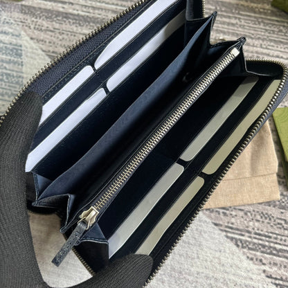 OPHIDIA GG 19 ZIP AROUND WALLET DARK BLUE CANVAS AND BLACK CALFSKIN