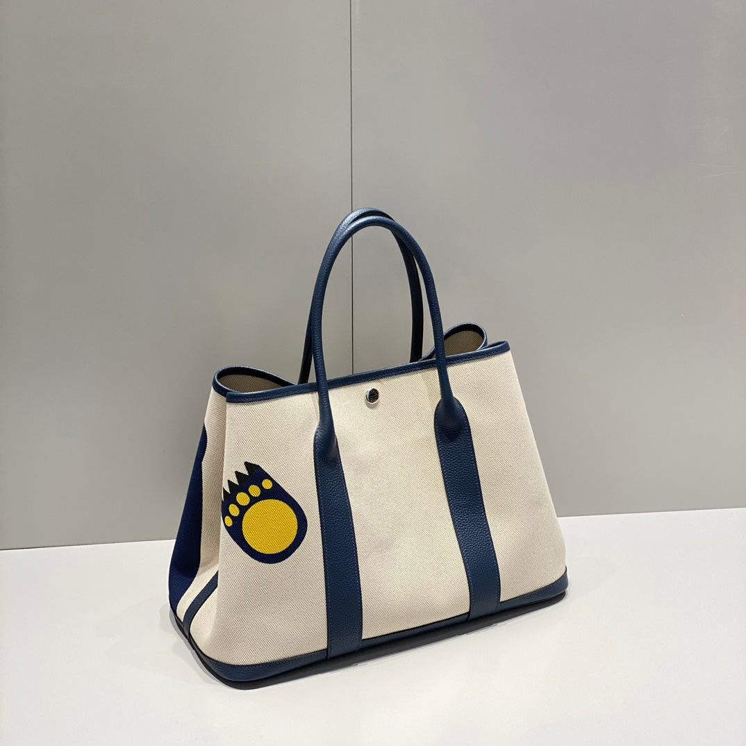 HM Garden Party 36 Beige mix Navy Blue Canvas and Negonda Calfskin 243391