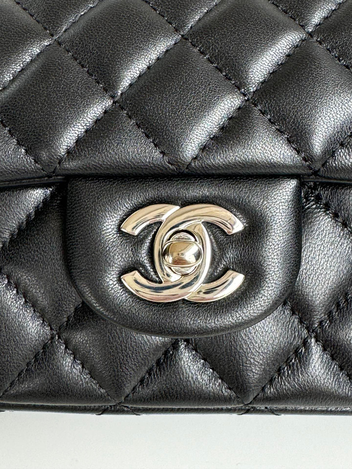 24c mini flap bag 20cm with top handle black calfskin silver hardware
