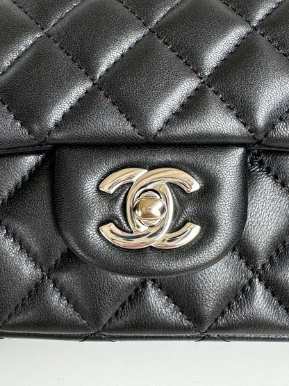 24c mini flap bag 20cm with top handle black calfskin silver hardware