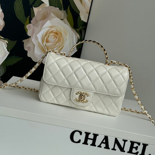24c mini flap bag 20cm with top handle white lambskin