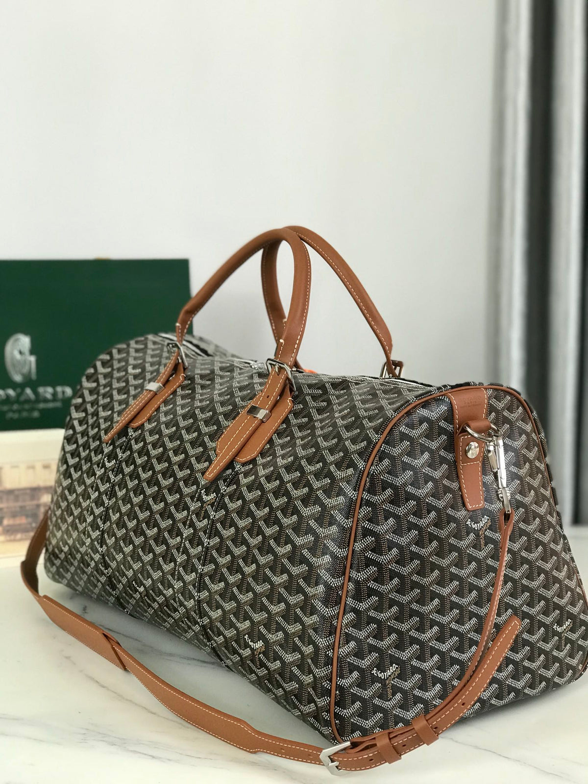 BOSTON 50 BAG IN BLACK GOYARDINE CANVAS AND TAN CALFSKIN TRIM