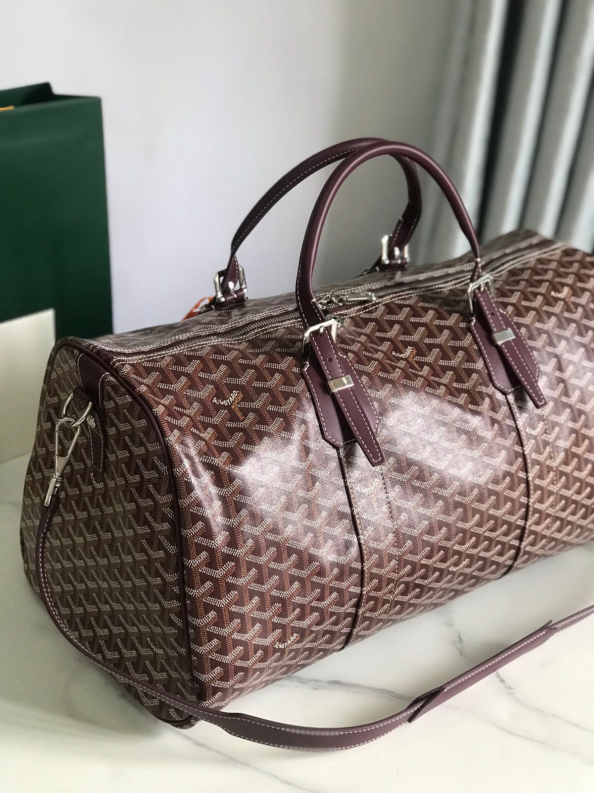 BOSTON 50 BAG IN WINE RED GOYARDINE CANVAS AND CALFSKIN TRIM