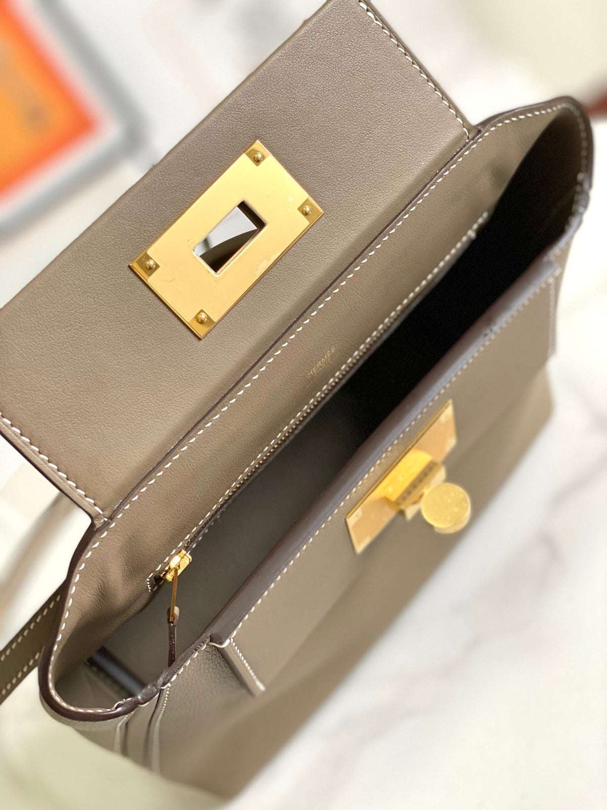 HM 24/24 Mini Bag 21cm Etoupe Evercolor Leather Gold Hardware