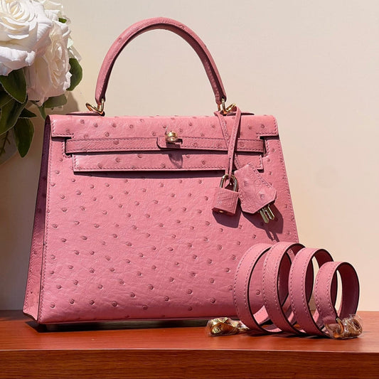 KELLY SELLIER 25 BAG IN SALMON PINK OSTRICH LEATHER WITH GOLD HARDWARE (MADE - TO - ODER)