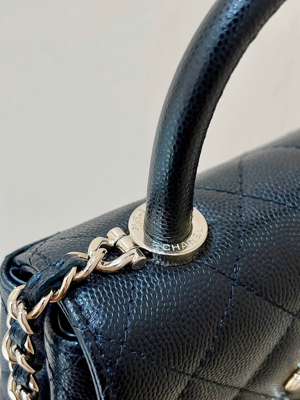 CC 24K Coco Hanle Nano 18cm Black Grained Calfskin Gold Hardware