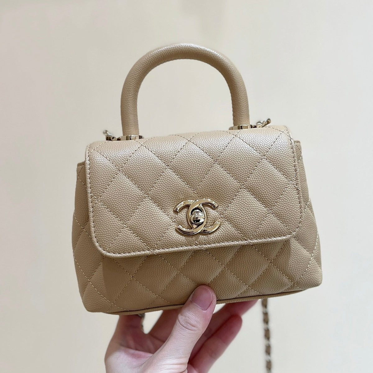 CC 24K Coco Hanle Nano 18cm Beige Grained Calfskin Gold Hardware