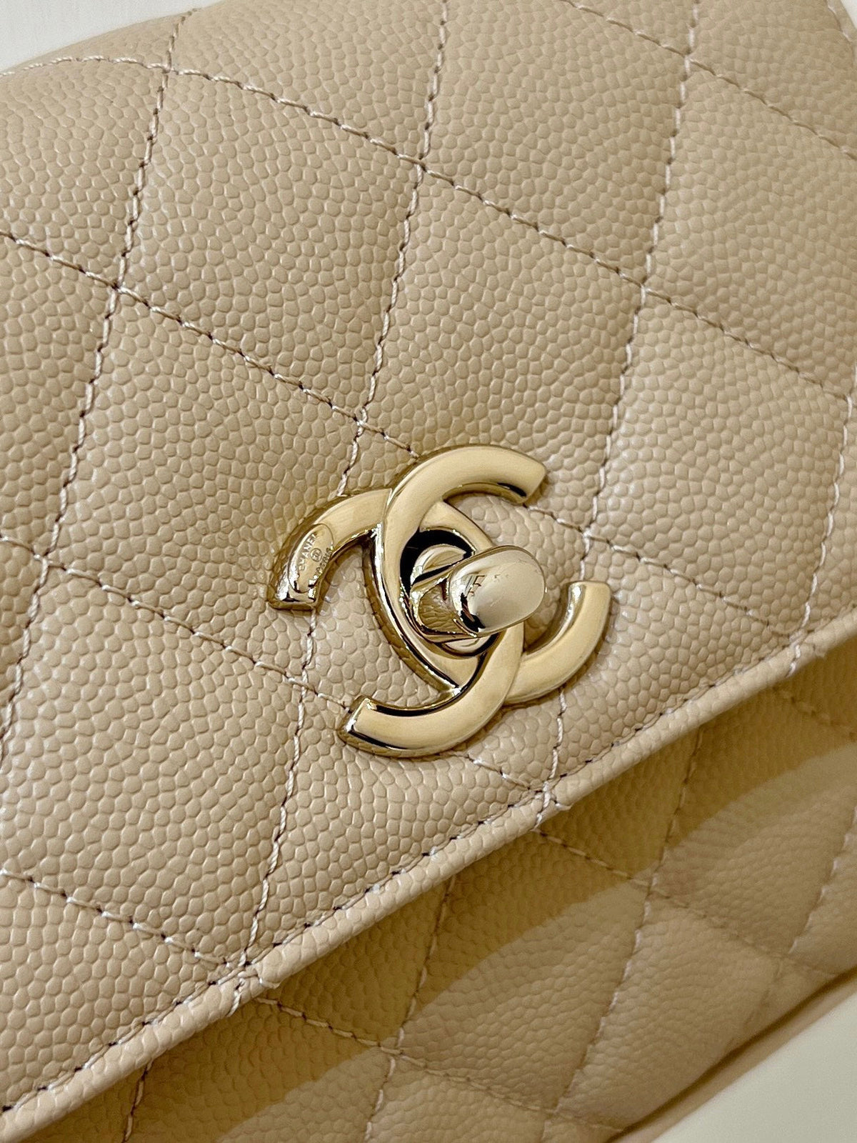 CC 24K Coco Hanle Nano 18cm Beige Grained Calfskin Gold Hardware