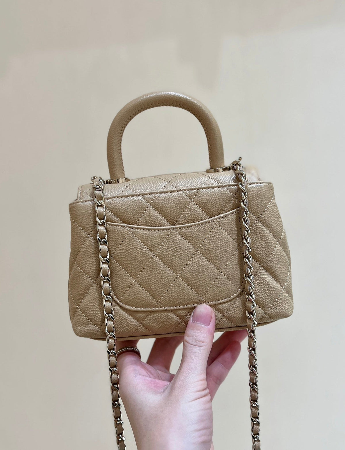 CC 24K Coco Hanle Nano 18cm Beige Grained Calfskin Gold Hardware