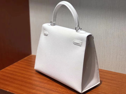 HM KELLY 25CM PURE WHITE EPSOM LEATHER SILVER HARDWARE